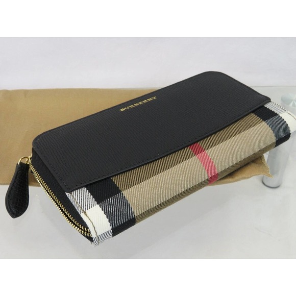 BURBERRY ELMORE BLACK HOUSE CHECK DERBY LEATHER ZIP AROUND LOGO CLUTCH WALLET - Picture 7 of 10